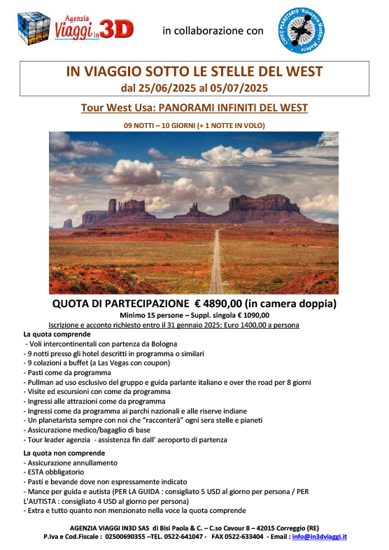 IN VIAGGIO SOTTOLE STELLE DEL WEST 25 GIUGNO - 05 LUGLIO 2025